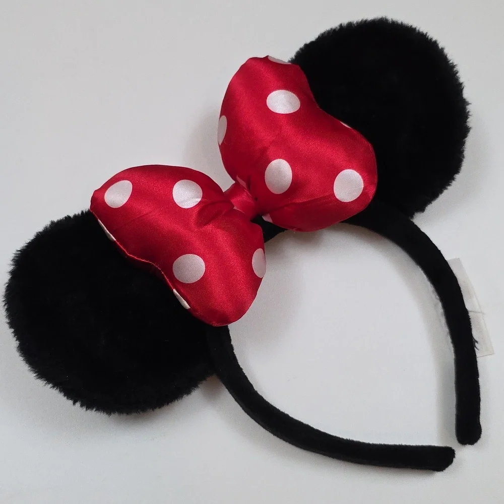 Disney Parks Minnie Mouse Ears - Fuzzy Black With Puffy Red Satin Bow Headband